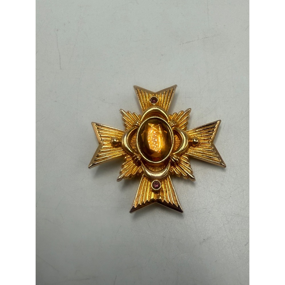 Vintage Avon Gold Tone Maltese Cross Brooch Pendant Amber Glass Red Rhinestone